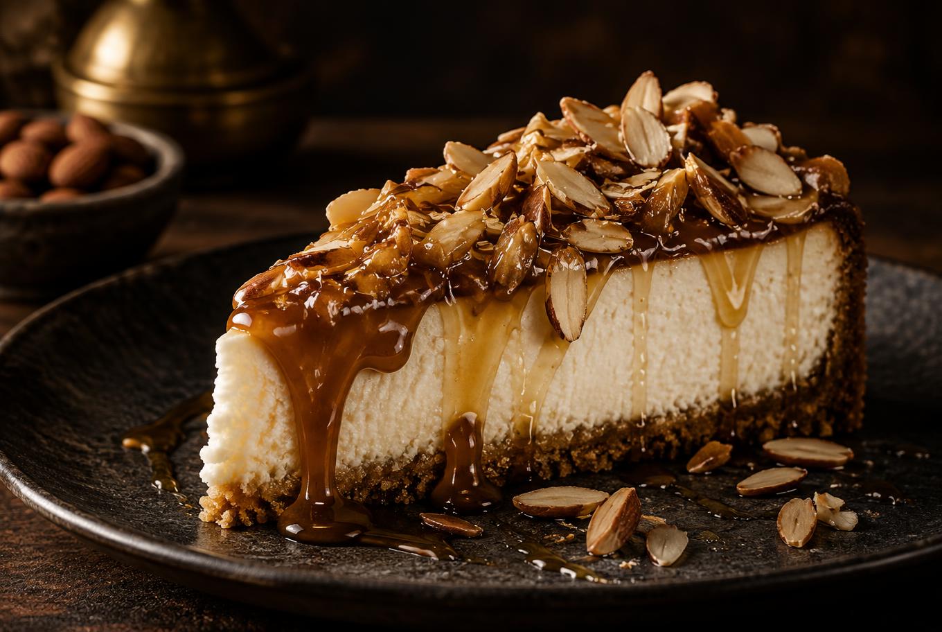 Part de cheesecake à l’amlou, amandes grillées et caramel
