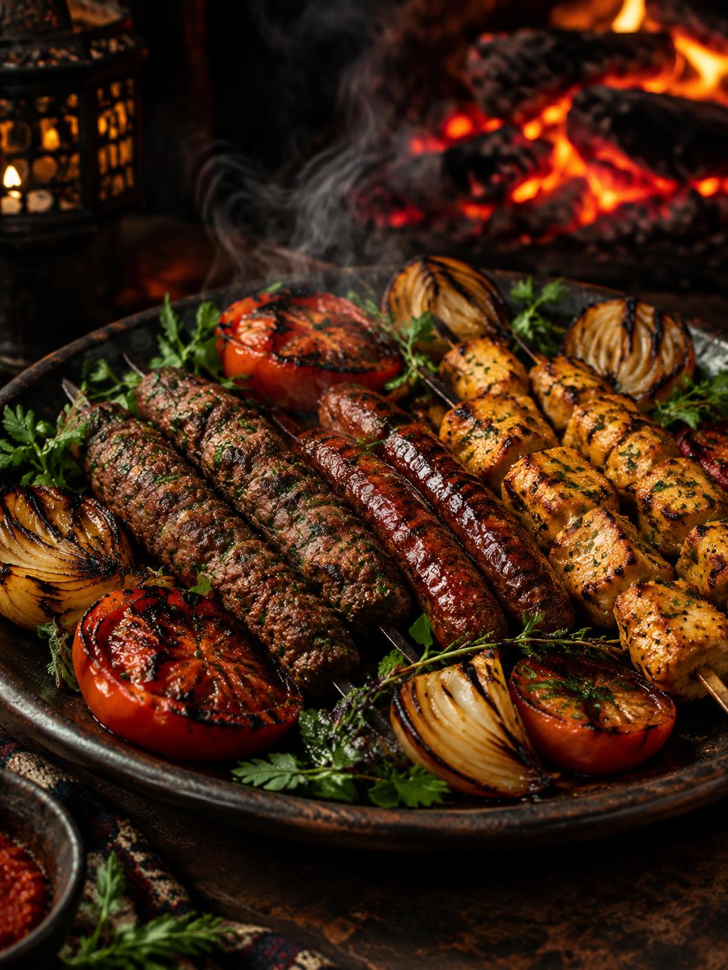 Assortiment de grillades au charbon : kefta, merguez et brochettes de poulet