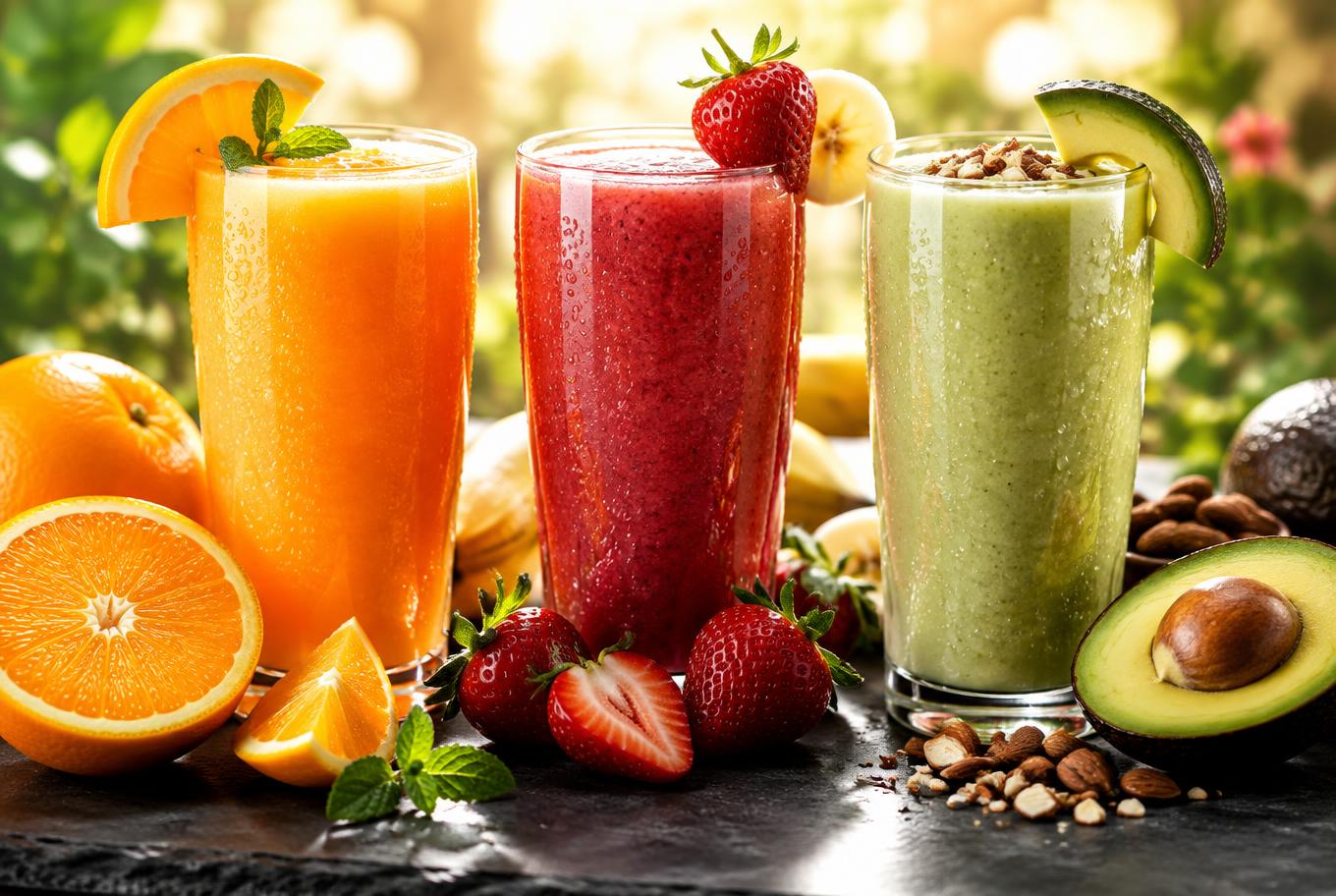 Jus frais et smoothies : orange, fruits rouges et avocat