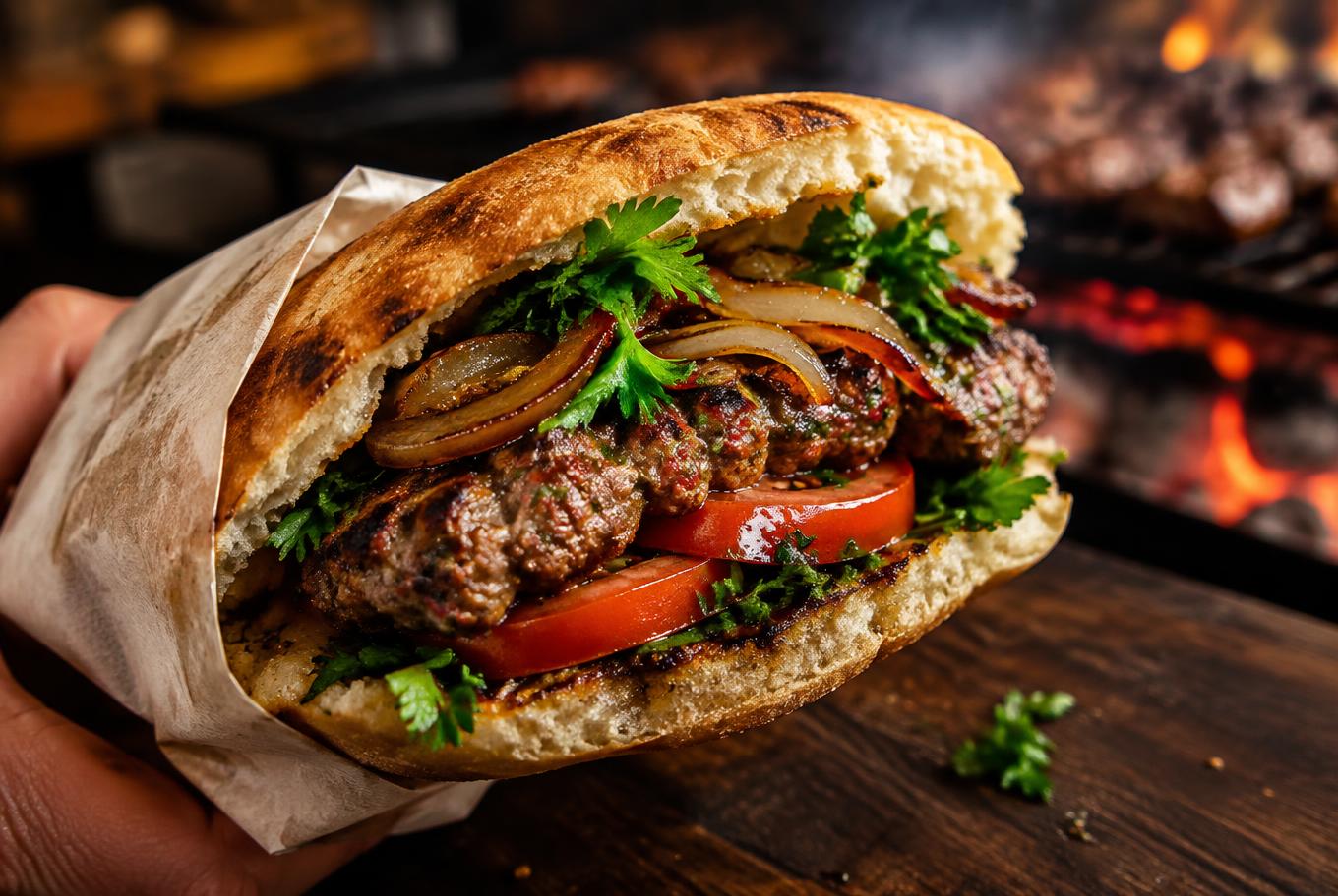 Sandwich kefta dans un pain maison avec tomates et oignons grillés